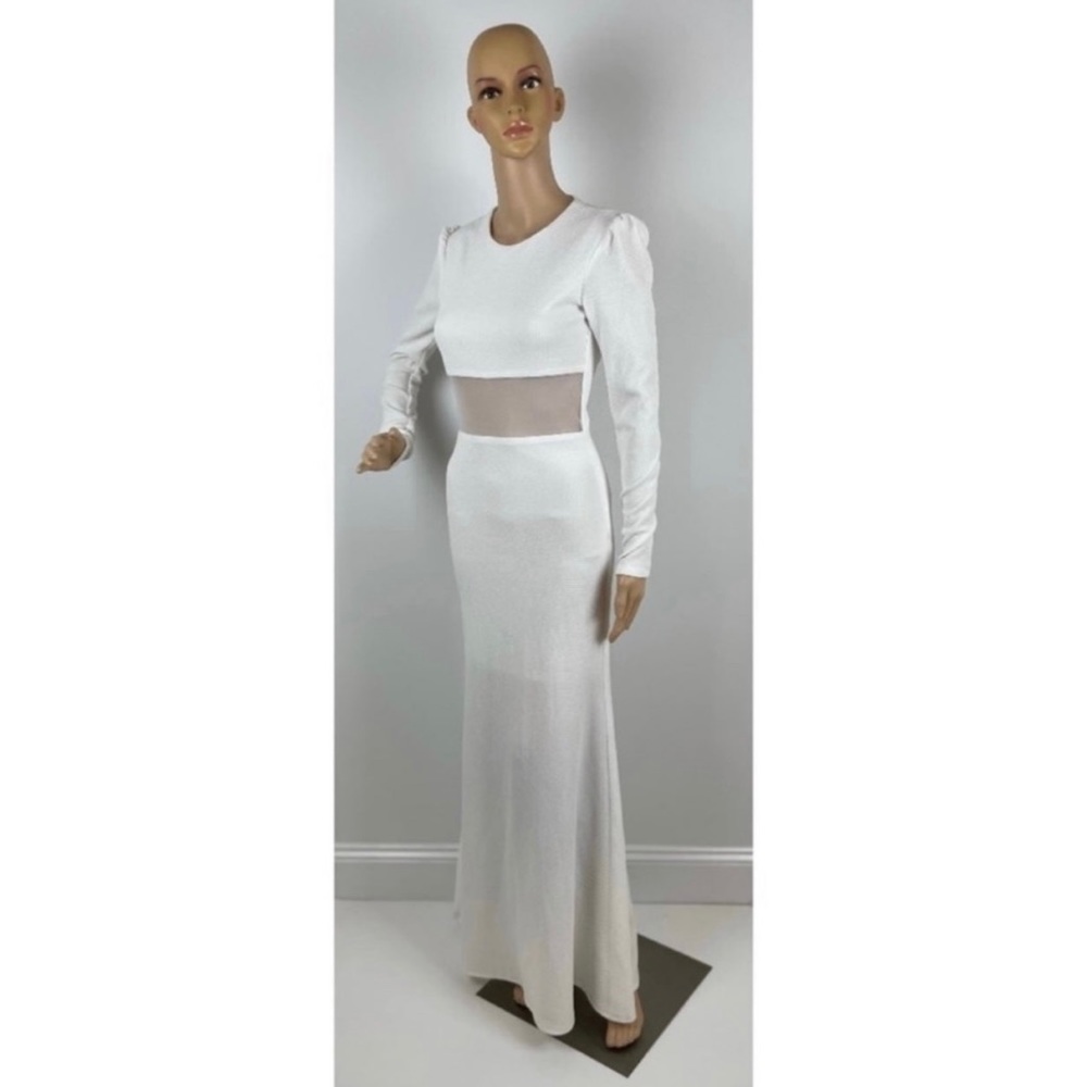 Long Sleeve Mesh  Cutout Women’s White Maxi Dress